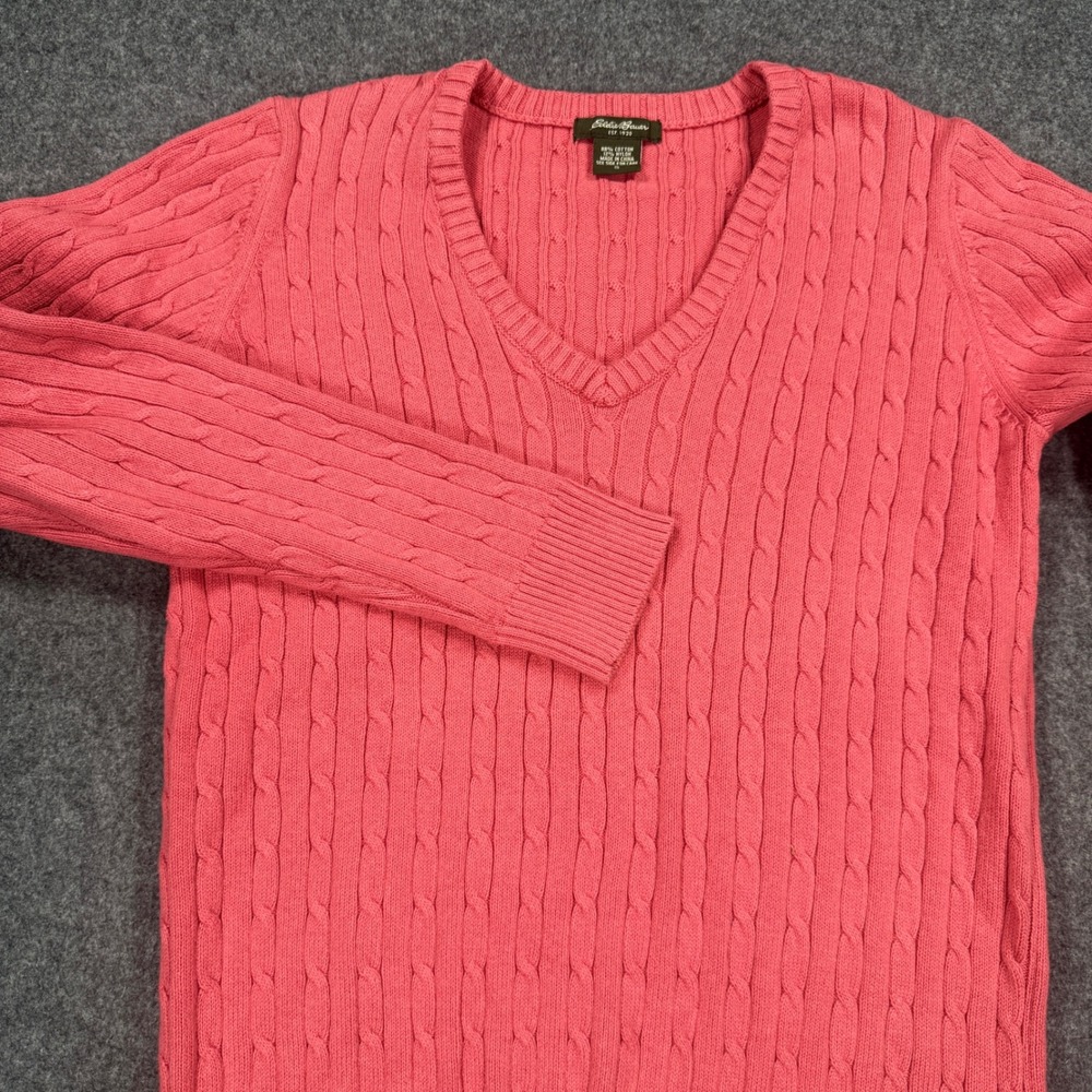 Eddie Bauer Womens Pink Cable Knit V-Neck Cotton Blend Sweater Size S